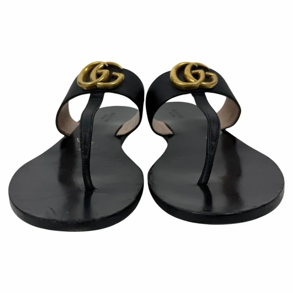 Gucci Black Leather Thong Sandal Gold Double G Logo Size 37